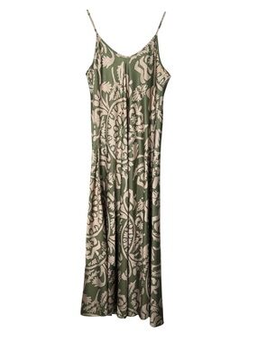 Italian Style satin finish green and tan tribal print maxi dress large L B 139